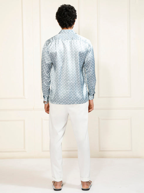 Men's Grey And White Satin Ethnic Shirt